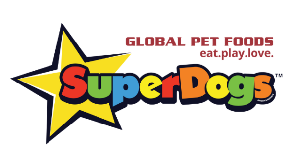 Global Pet Foods Eat Play Love, Super Dogs logo.